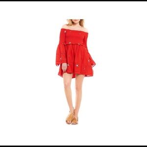 Free People Embroidered Off The Shoulder Dress Red
